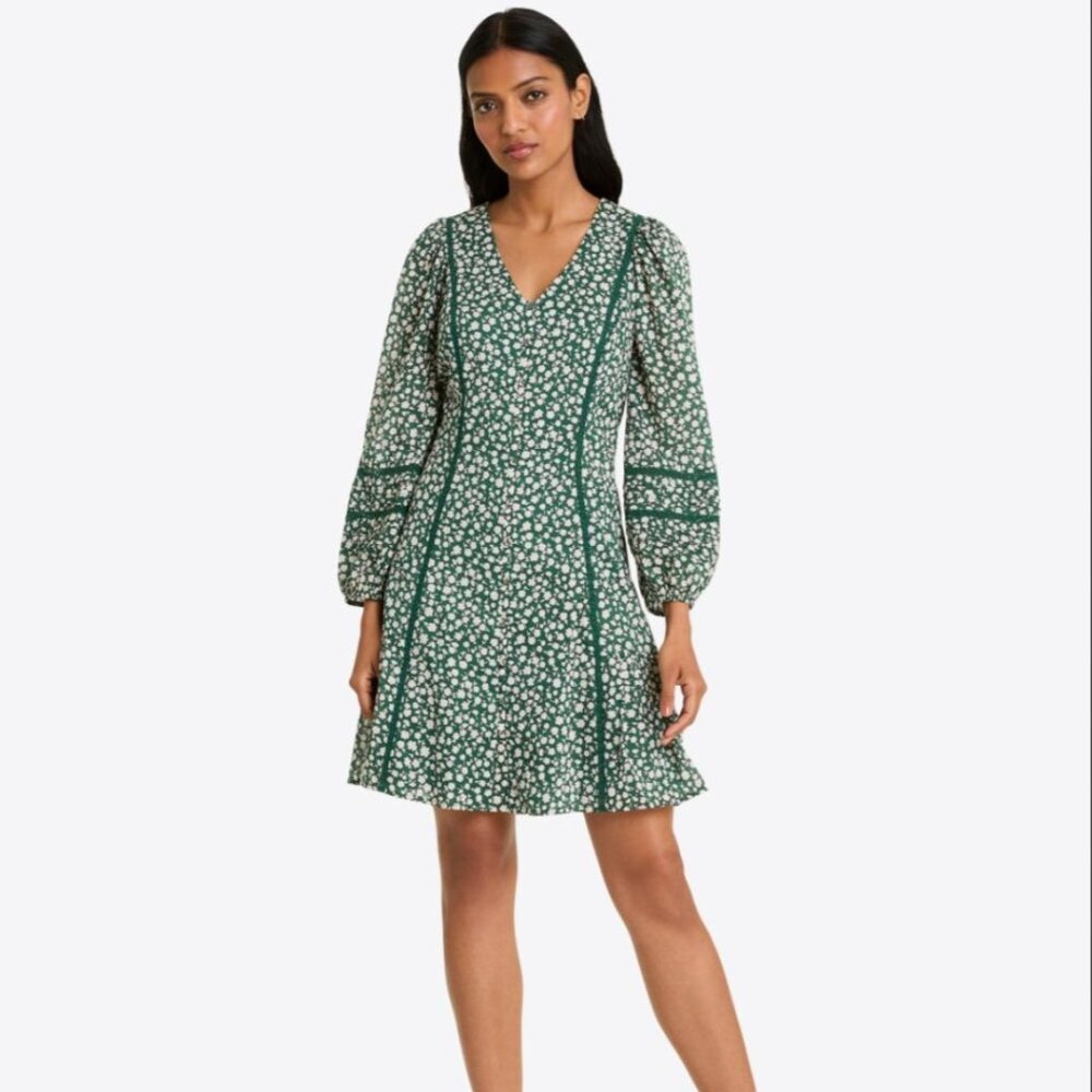 NWT Draper James Long-Sleeve Dress in Gauzy Cotton - Popcorn Ditsy Floral / XS